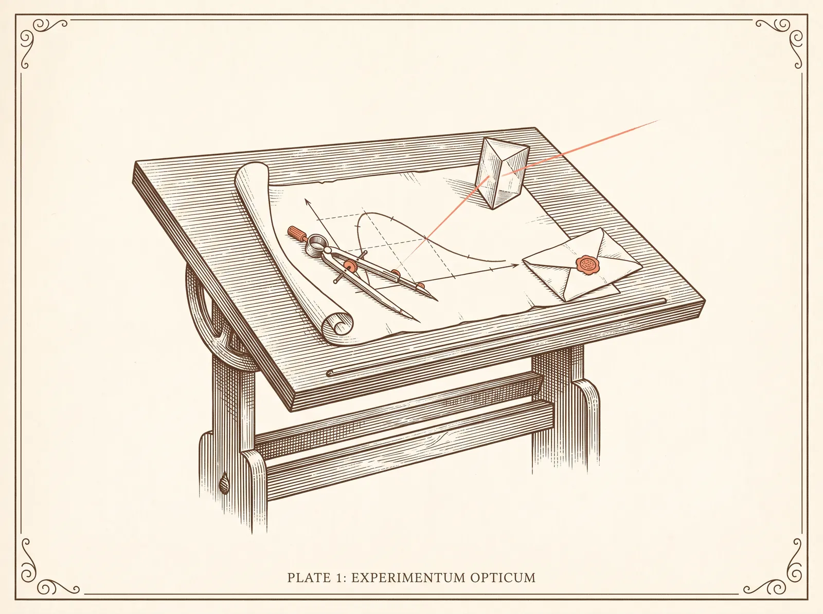 An engraved plate of a draughting table: an unrolled chart with a plotted curve, a drawing compass, a prism splitting a beam of light, and a wax-sealed letter.